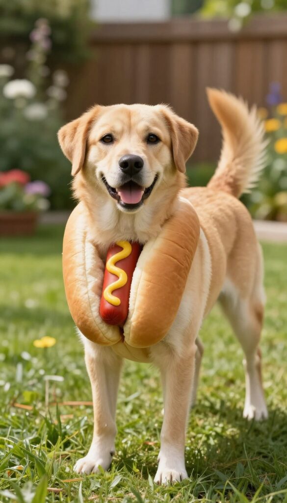 A dog wearing a classic hot dog costume standing on a sunny lawn.