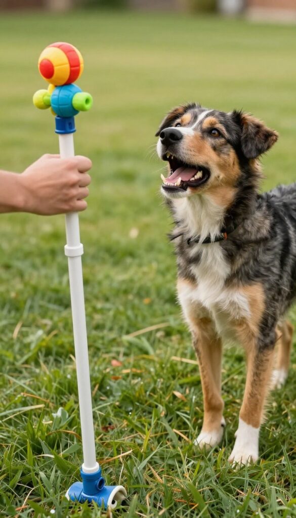Dog jumping to catch a toy on a DIY flirt pole in a sunny backyard.