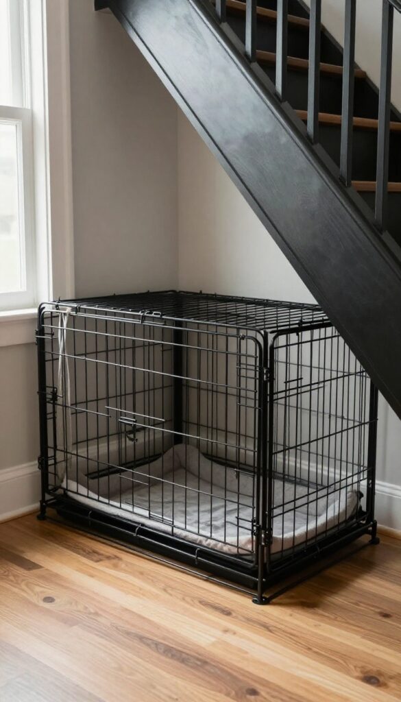 Large dog crate in a built-in nook under stairs with curtain and washable mat
