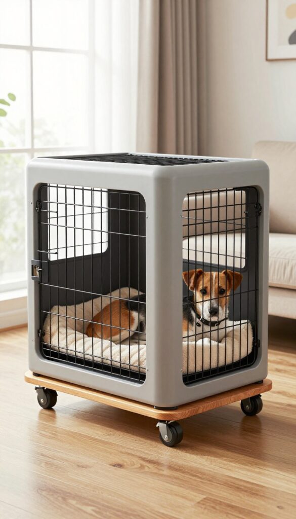 Rolling dog crate cart on a wooden platform with wheels in a bright living room, dog resting inside, photorealistic and blog-friendly.