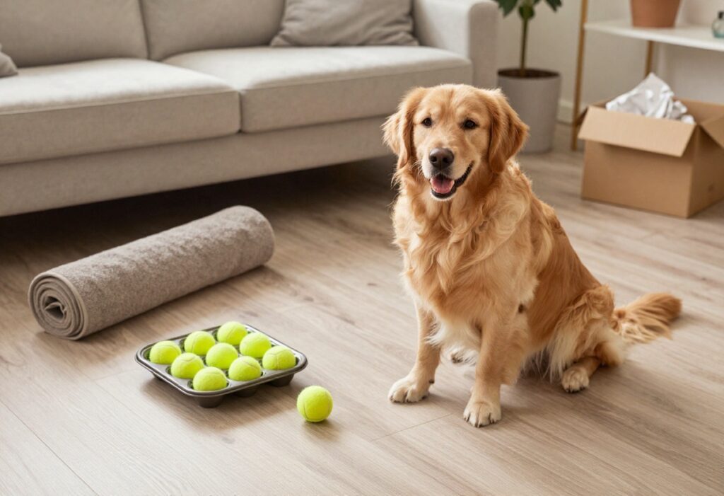 Golden retriever with DIY dog brain games using household items on living room floor