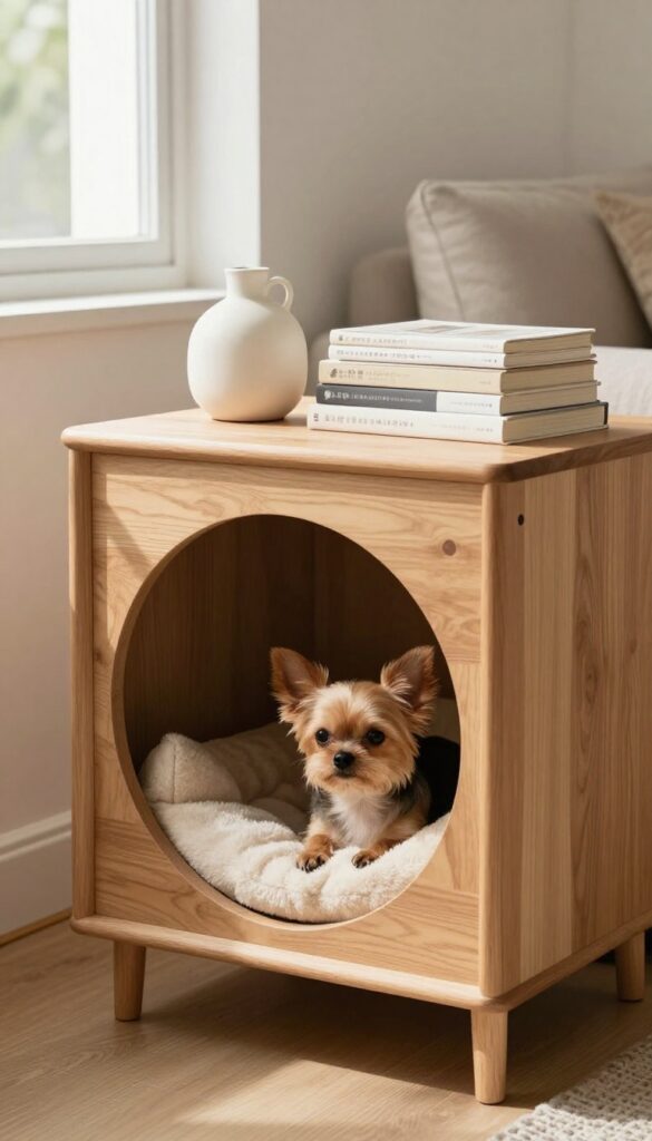 Small dog peeking out of a wooden end table kennel with lamp and books on top