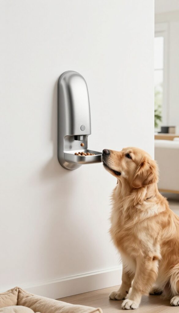 Wall-mounted treat dispenser with a dog interacting, modern decor, bright natural light