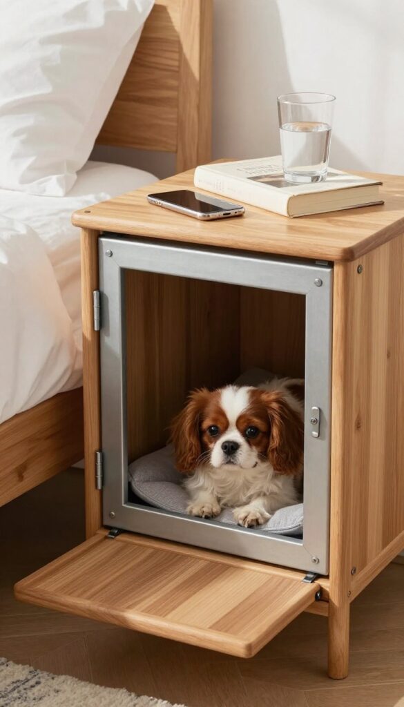 Nightstand with built-in dog crate in a small bedroom, dog sleeping inside, phone and book on top.
