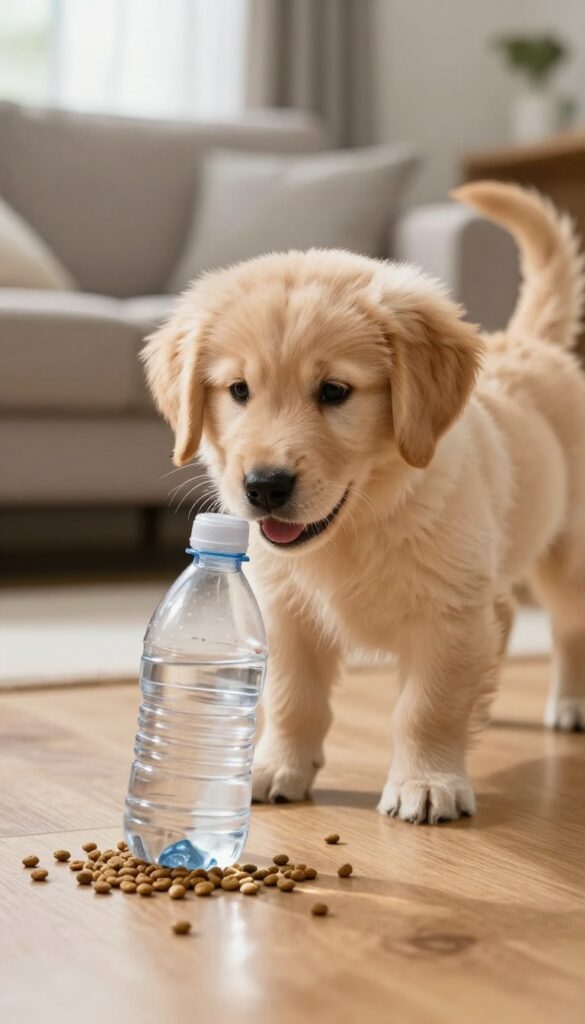 Golden retriever puppy playing with a plastic bottle kibble roller on a hardwood floor in a sunlit living room