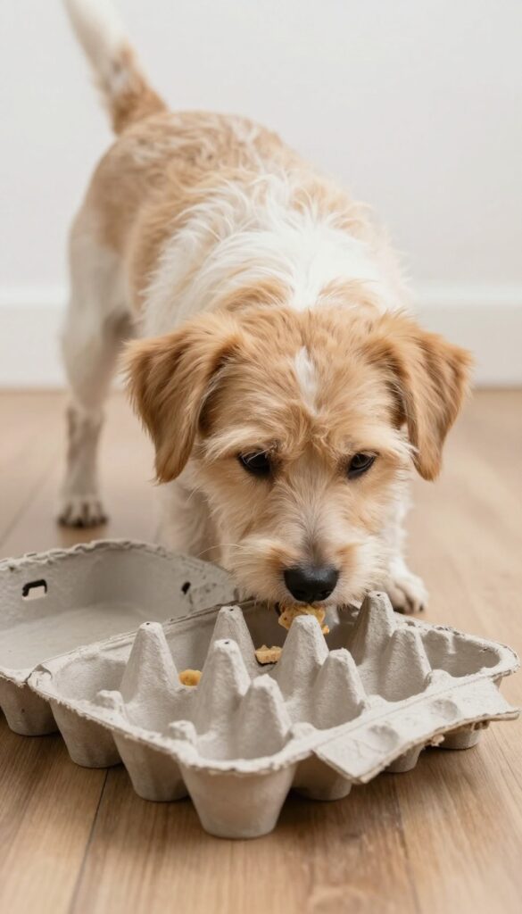Dog sniffing treats inside an open cardboard egg carton on a wooden floor.