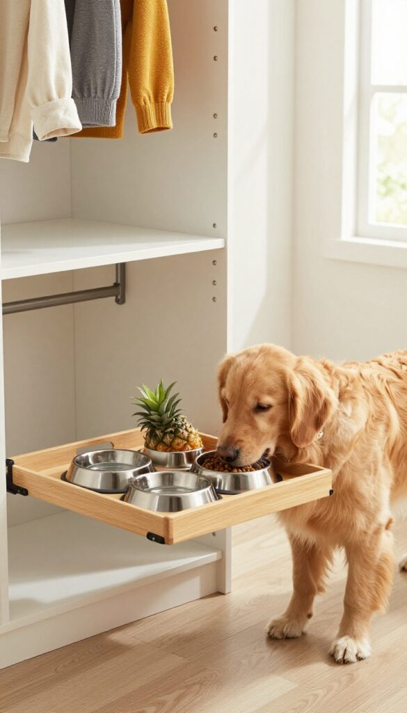 A dog eating from a pull-out feeding station in a closet, with bowls on a sliding tray