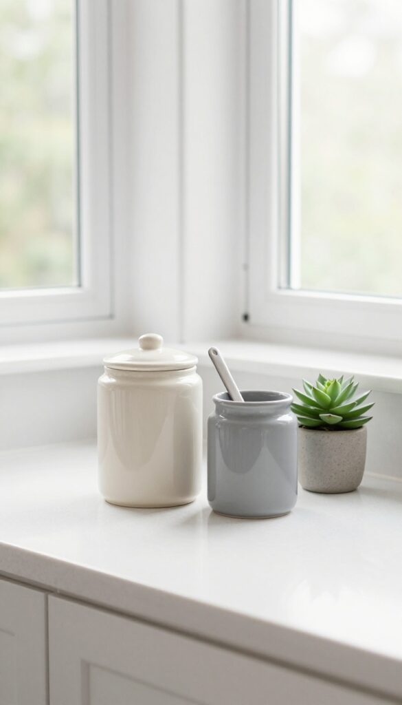 Minimalist ceramic food storage canisters on a clean kitchen counter with a stainless steel scoop, bright natural light, modern decor.