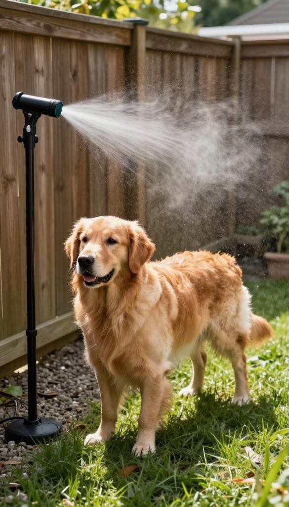 Dog standing under a misting system in a backyard for cooling off on a hot day