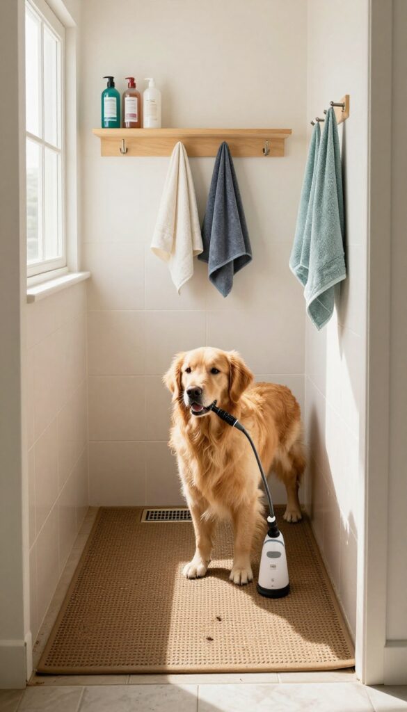 Dog wash station in a mudroom with a golden retriever standing on a non-slip mat