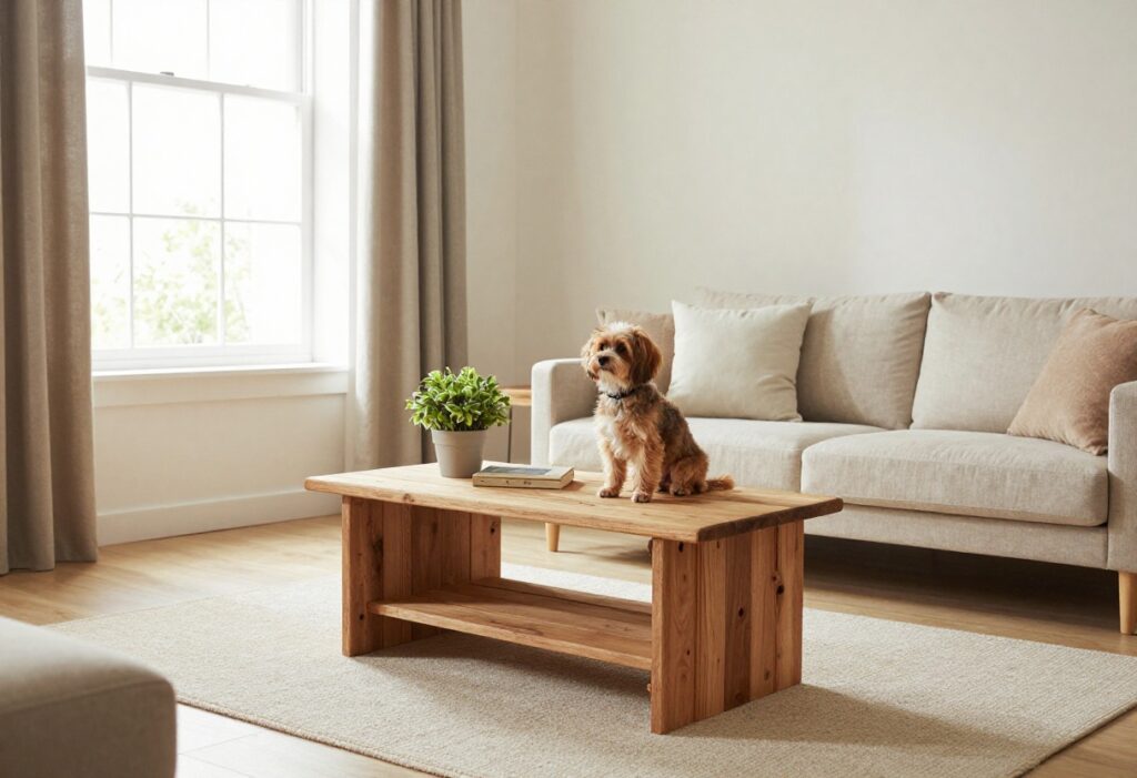 Small dog sitting in a wooden kennel table used as a side table in a bright living room