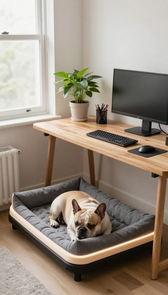 Under-desk dog kennel with French Bulldog resting inside cozy built-in cubby