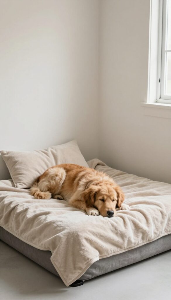 Cozy dog sleeping nook in garage with raised cot and blanket