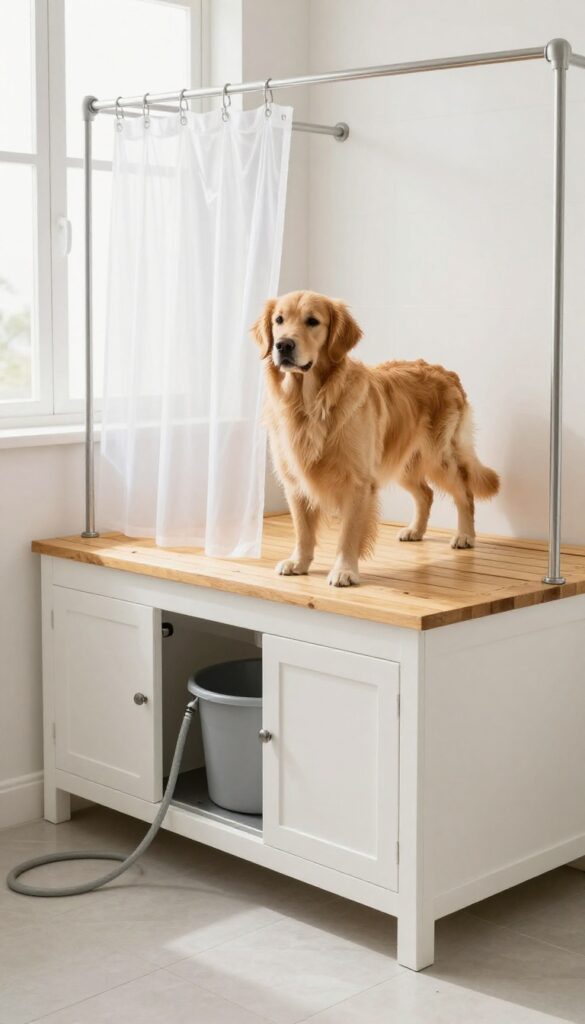 Raised wooden dog bathing platform with slatted top and drain pan in a bright laundry room