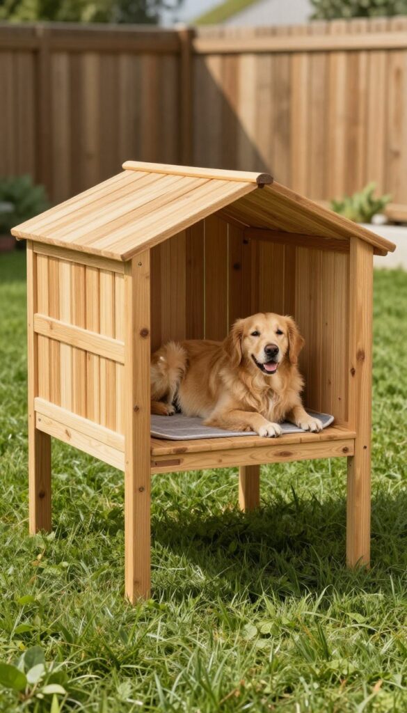 Cedar raised platform dog kennel in backyard with golden retriever