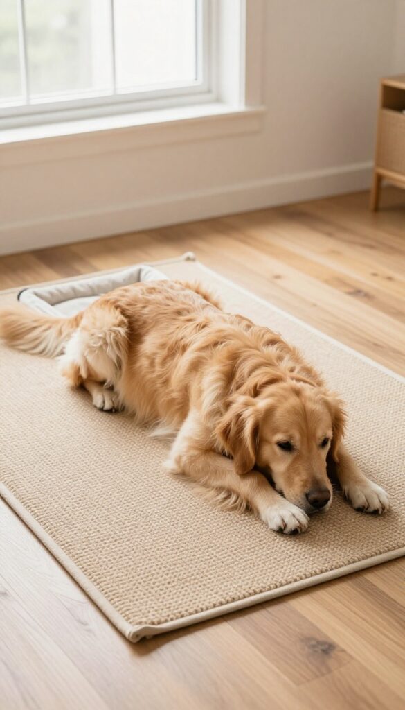 Cozy dog bedroom with a soft rug under a dog bed, golden retriever resting on the rug, hardwood floors, natural light.