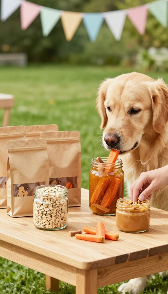 DIY dog treat bar in a sunny backyard with jars of ingredients and a golden retriever sniffing.