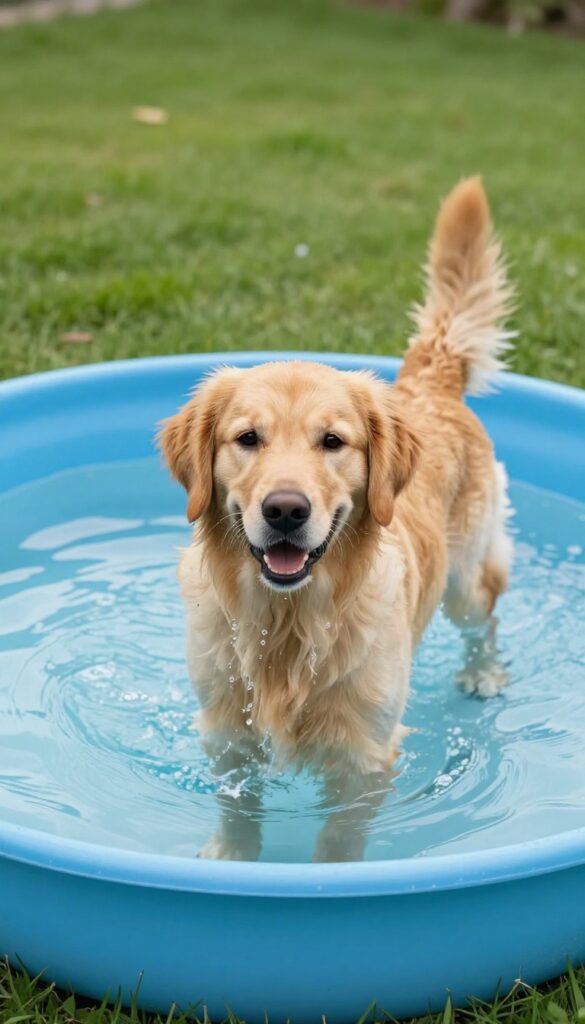 Golden retriever splashing in a shallow kiddie pool in a sunny backyard
