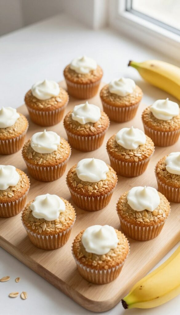 A batch of banana oat dog cupcakes topped with yogurt on a wooden board