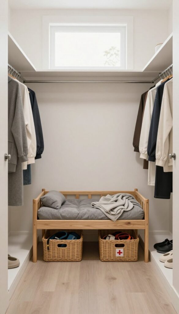 Elevated dog bed in closet with under-bed storage baskets for dog supplies