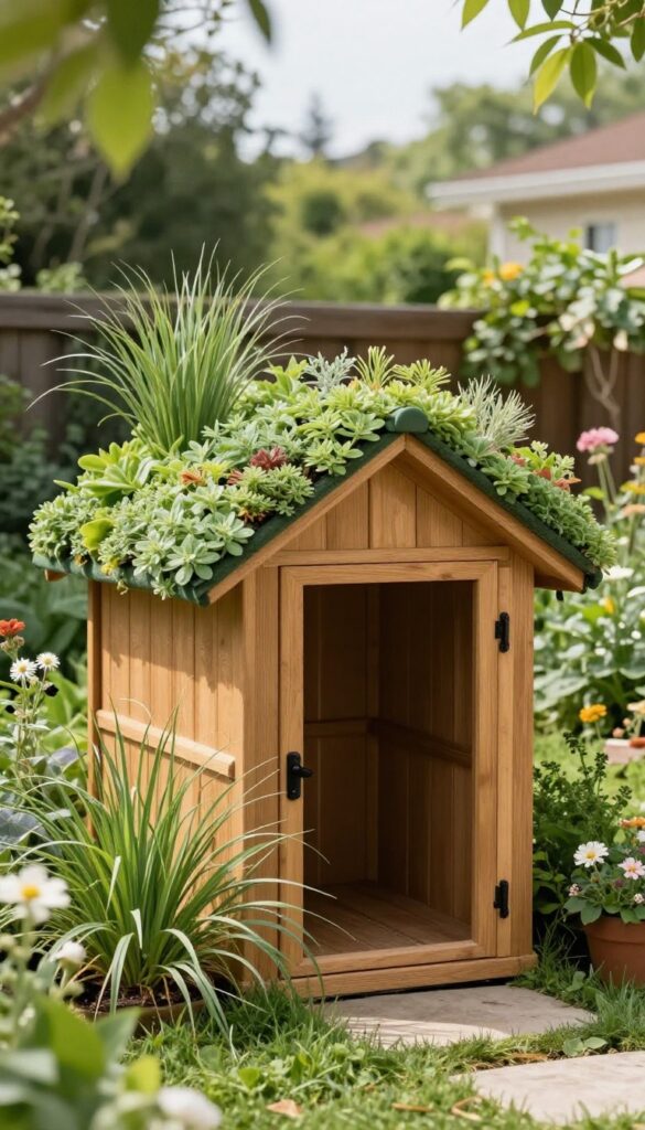 Green roof dog kennel in an eco-friendly backyard