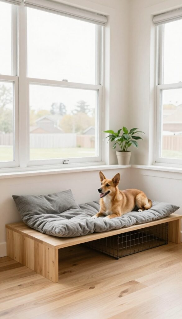 Elevated platform kennel with crate underneath and dog resting on top, looking out window in bright living room