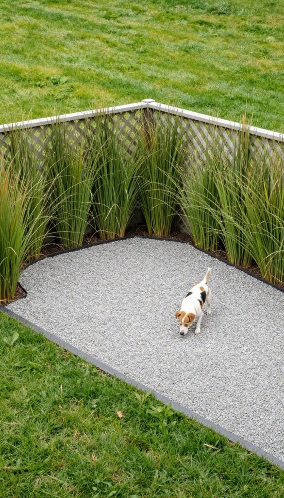 Hidden dog potty area with gravel and lattice fence in backyard