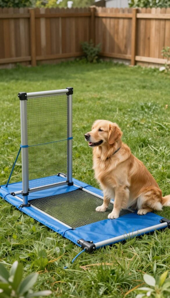 Portable dog exercise pen with tarp roof in a sunny backyard, containing a golden retriever.