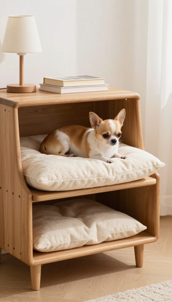 Small dog sleeping in a repurposed nightstand dog bed next to a sofa in a bright living room