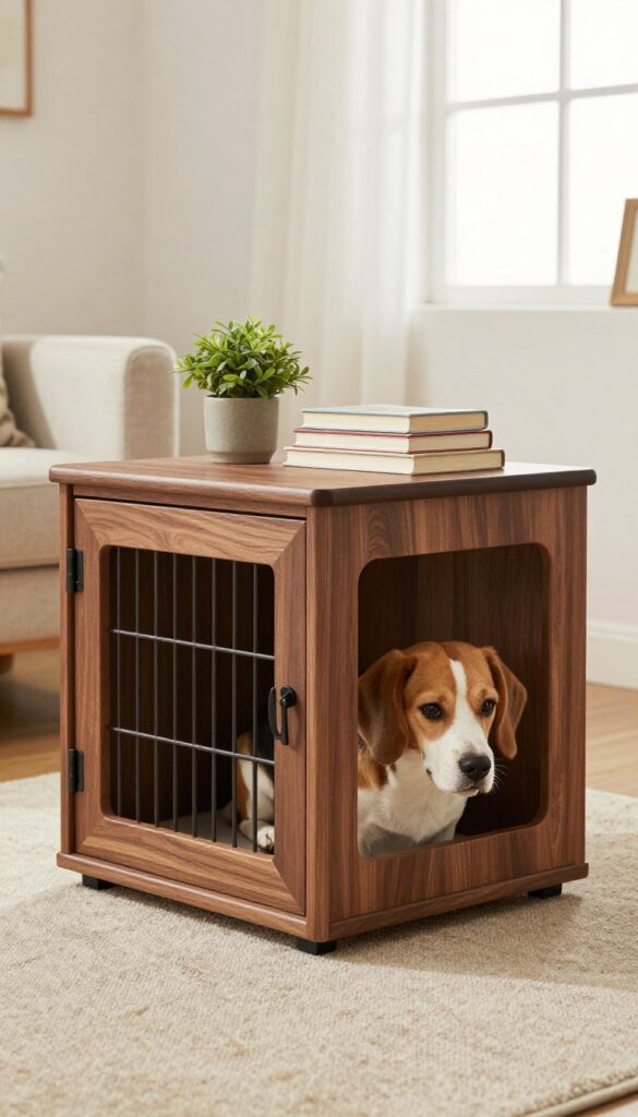 A wooden end table dog crate in a bright living room, with a dog peeking out, books and a plant on top.