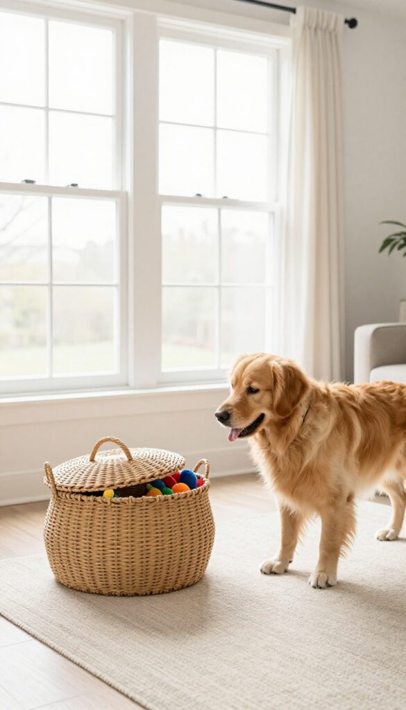 Dog sniffing a toy basket with a lid in a bright, organized living room