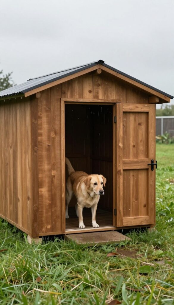Fully enclosed outdoor dog kennel with a dog door, allowing the dog to go in and out freely while staying dry from rain.