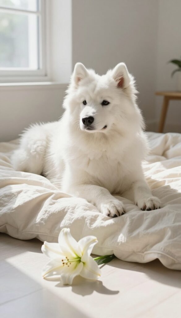 A white dog lounging gracefully beside a lily flower in a sunlit room
