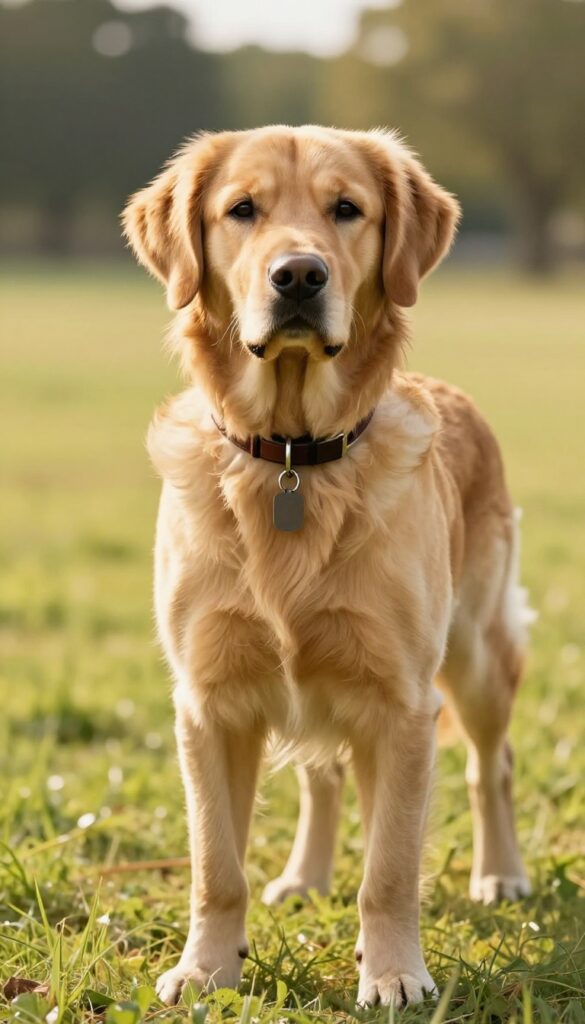 Large protective dog standing in sunlit field, wearing dark leather collar, embodying strength and loyalty for Zeus dog name.