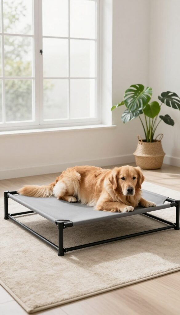 Modern elevated dog bed cot in a bright minimalist living room with a golden retriever resting on it