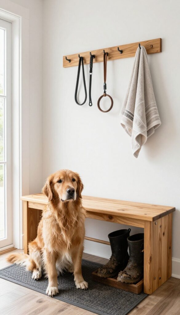Mudroom entry with dog hookup, bench, towel rack, and leashes, with a wet golden retriever sitting on a mat.