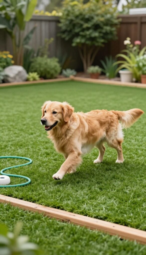 Dog running on artificial turf dog run in backyard