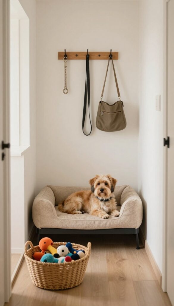 Hallway dog nook with wall-mounted bed, hooks for leashes, and toy basket