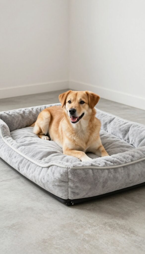 A dog resting on a washable, antimicrobial dog bed in a clean kennel.