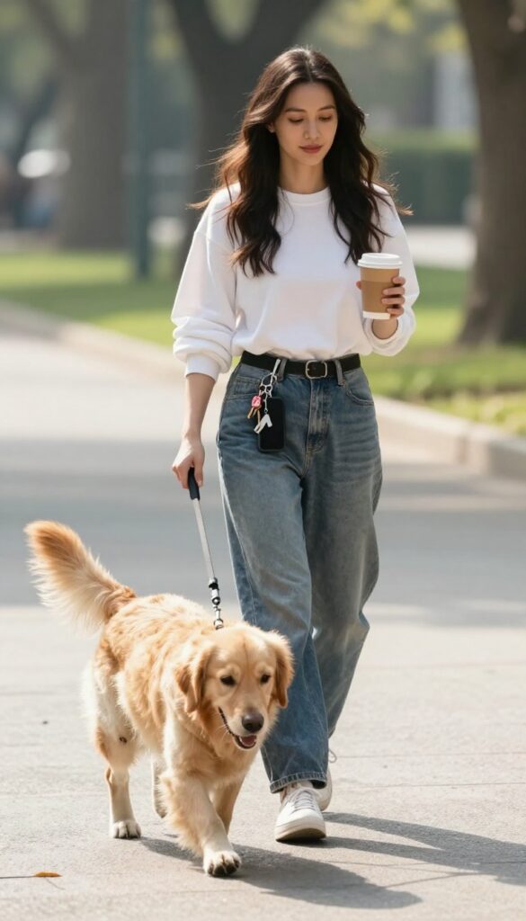 Dog mom walking her dog with a hands-free leash and pouch, holding coffee, in a sunny park.