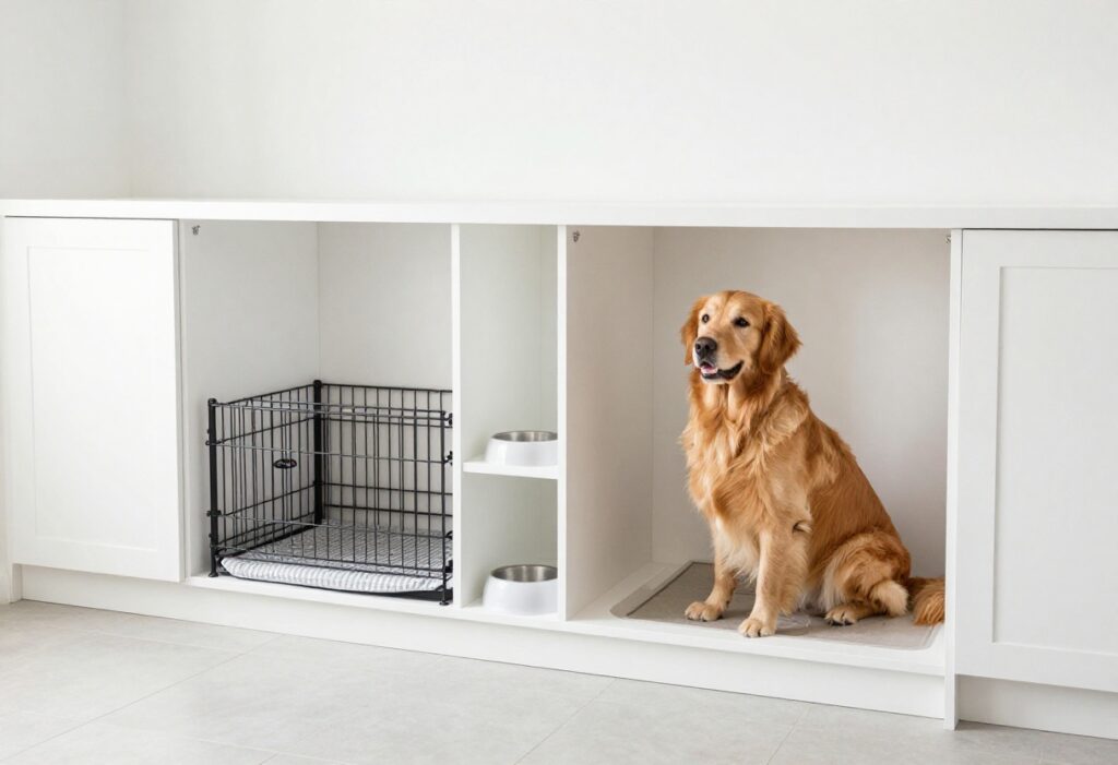A bright mudroom with a built-in dog crate, feeding station, and paw washing area, featuring a golden retriever on a dog bed.