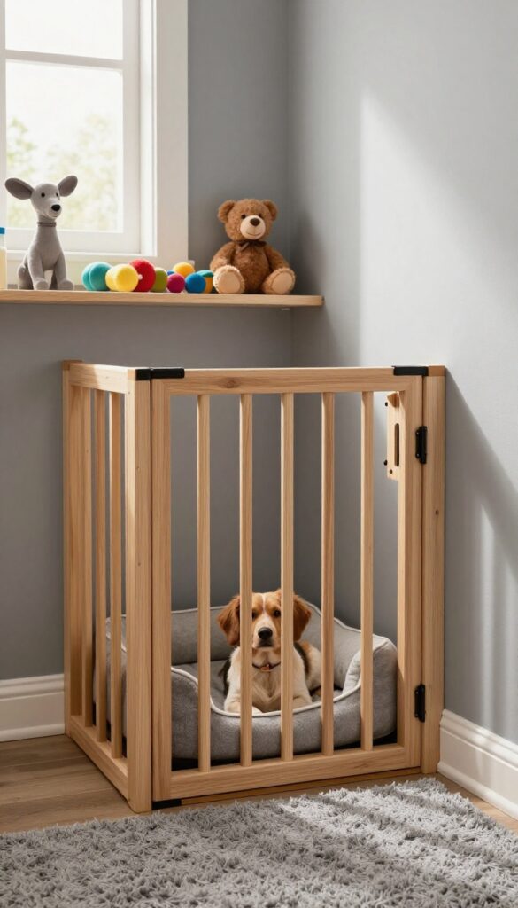 Closet converted into a dog kennel with a wooden gate, soft bed, and storage shelves, in a bright home office.