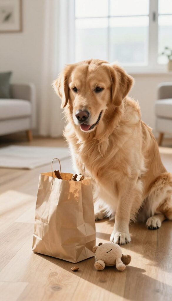 A dog tearing open a brown paper bag with treats and a toy spilling out, bright natural light, cozy home setting