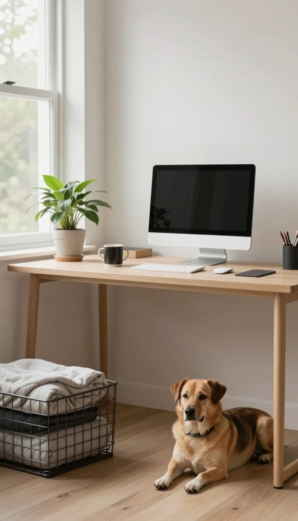 Dog sleeping in a crate under a desk in a bright home office
