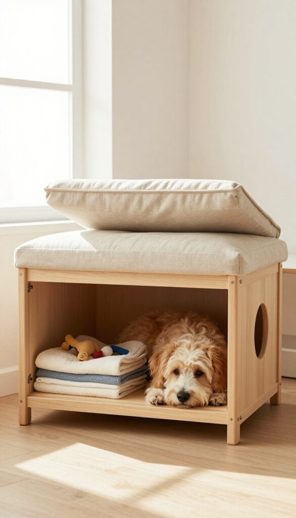 A dog crate styled as a storage ottoman in a bright living room, with a dog resting on the padded top and blankets visible inside the lifted compartment.