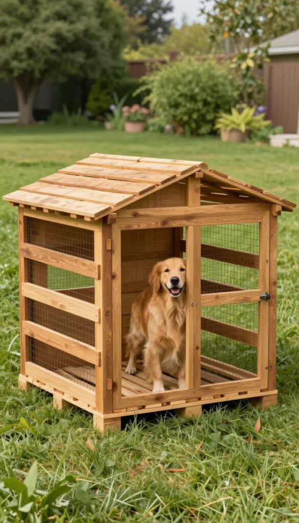 A DIY pallet dog kennel with a covered house and fenced run in a sunny backyard.