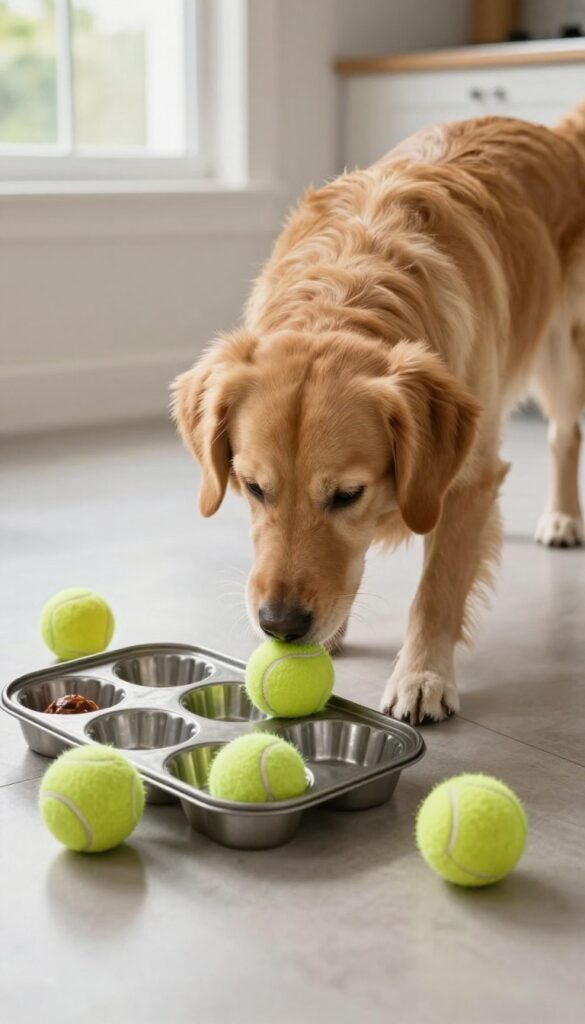 Dog pawing at tennis balls on a muffin tin to find hidden treats