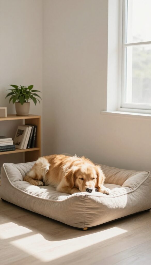 Dog bed in quiet corner of bedroom with bookshelf and plants, golden retriever sleeping peacefully