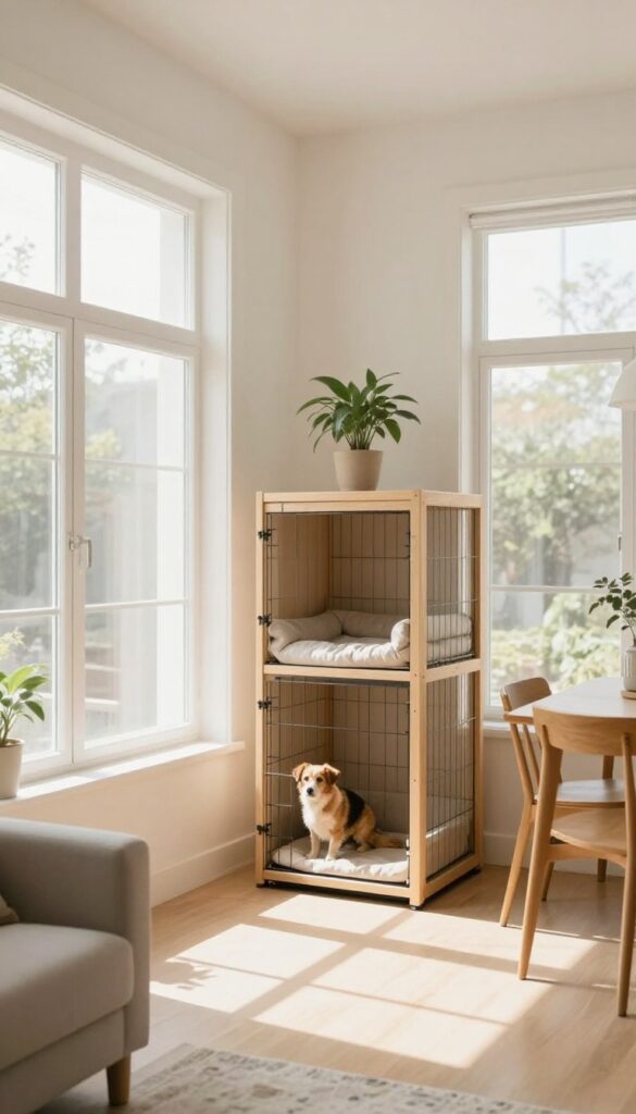 A tall open dog crate used as a room divider between a living room and dining area, with a cushion inside and a plant on top, in a bright modern space.