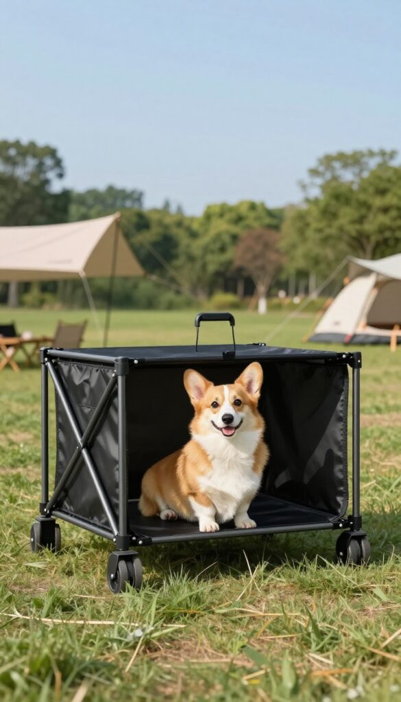 Portable foldable metal kennel with carrying handle on grass near tent, Corgi inside, bright sunny day